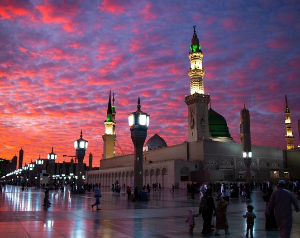 Al Masjid an Nabawi mosque beatuful sunset cloudy - Medina Saudi Arabia 6 jan 2020
